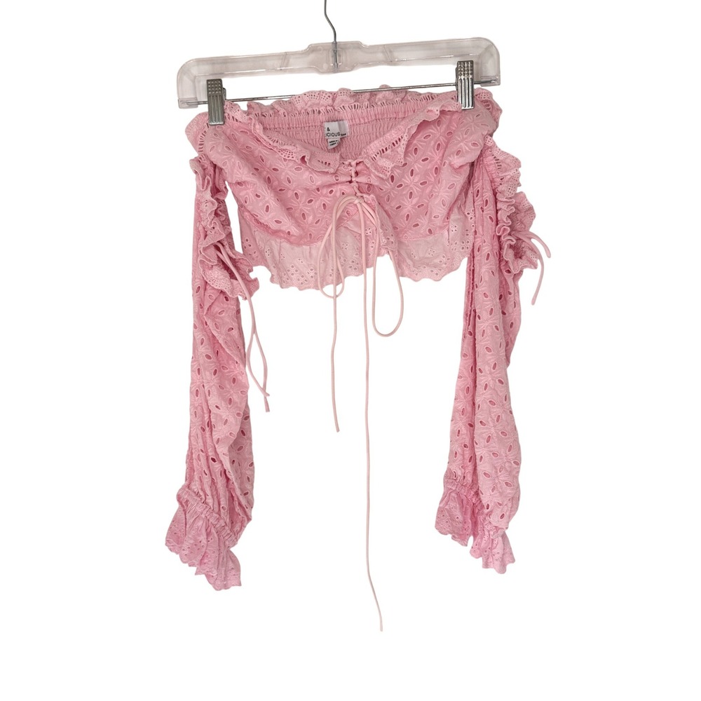 Women's Crop Top Eyelet Coquette Pastel Pink Long Sleeve Dainty Smocked Medium